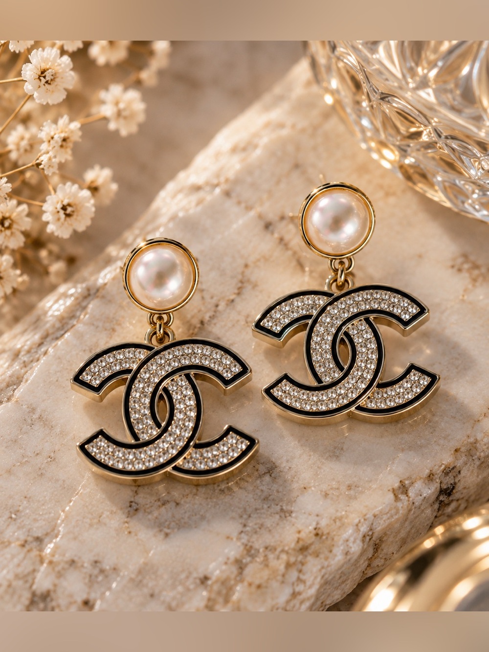 Pearl Crystal Double C Drop Earrings Gold Tone Statement Dangle Jewelry